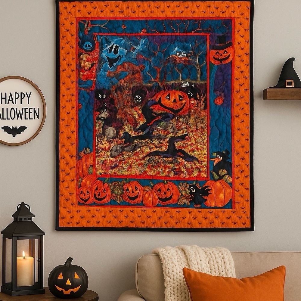 🎃 Handmade Halloween Quilt – “Pumpkin Patch Night” – 36” x 47”